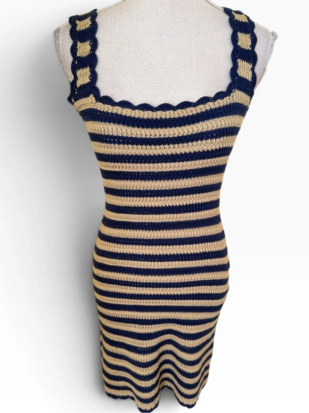 J. Crew Tan/Navy Striped Scallop Trim Tank Sweater Dress XS